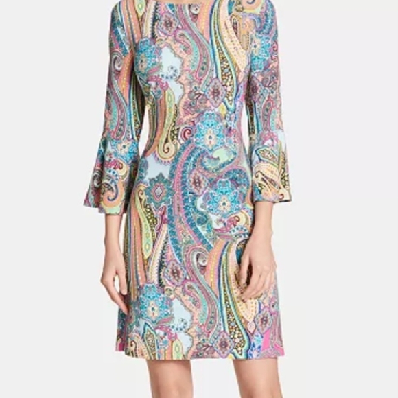 Tommy Hilfiger Multicolor Paisley Sheath Dress Bell Sleeve Above Knee Size 12 - Picture 6 of 6